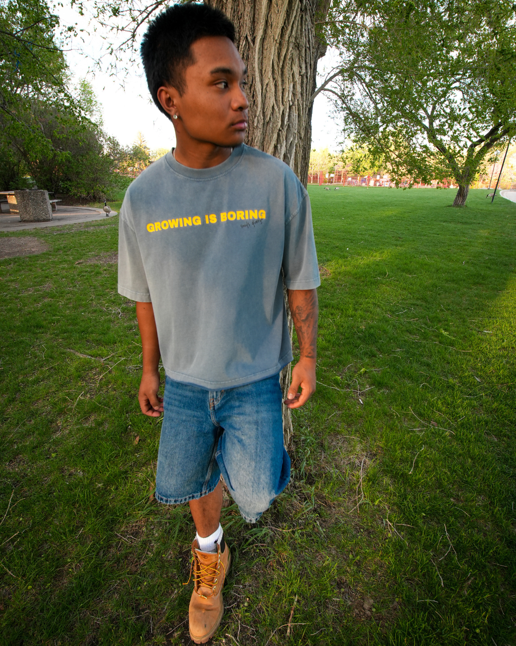 "boring" tee in stone blue