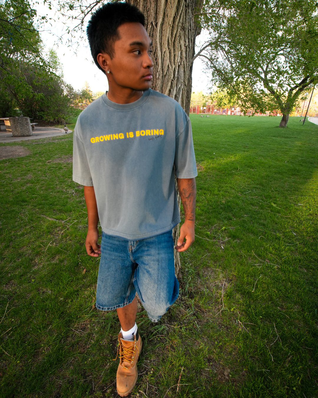 "boring" tee in stone blue